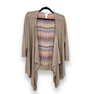 Chico’s Size 2 Linen Blend Soft Open Front Mixed Media Cardigan Beige Womens